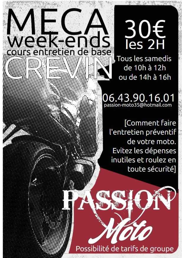 Affiche Méca week-ends à Crevin : cours d'entretien le samedi, 30 euros les deux heures.